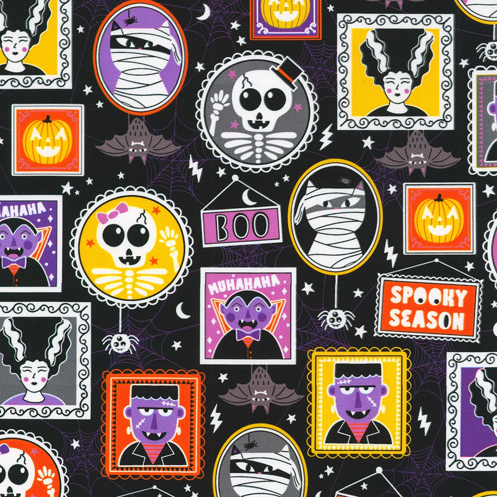 Robert Kaufman - Lights Out - Halloween Character Portrait Photos Glow in the Dark Fabric - SRKDO-23740-282 SPOOKY