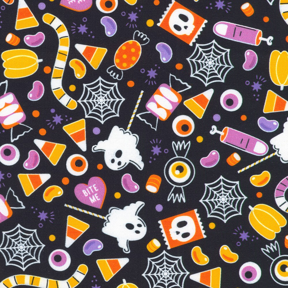 Robert Kaufman - Lights Out - Halloween Candy Treats Glow in the Dark Fabric - SRKDO-23743-282 SPOOKY