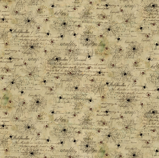 Preorder - Clothworks - Emerald Hollow - Halloween Vintage Spider Webs and Text - Y4833-58 Light Butter - Ships May 2026