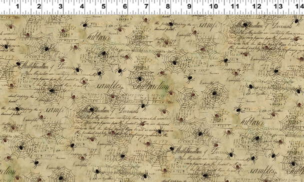 Preorder - Clothworks - Emerald Hollow - Halloween Vintage Spider Webs and Text - Y4833-58 Light Butter - Ships May 2026