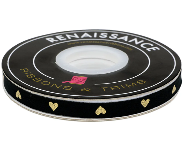 Ruby Star - Melody Miller - Hearts and Sparks Black/Gold Ribbon - 3/8" - By The Yard