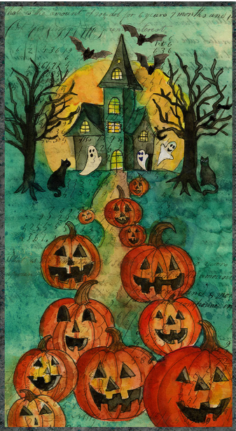 Clothworks - Sue Zipnik - Emerald Hollow - Halloween Haunted House Panel - Y4825-107 Emerald