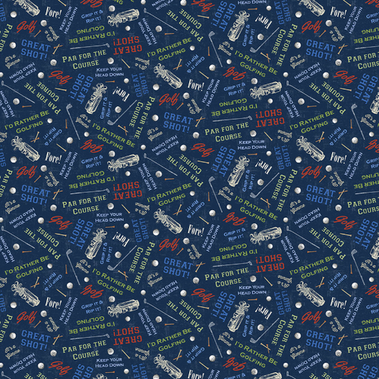 Clothworks - Tee Time - Digital Golf Words Golfing - Y4783-53 Navy Blue