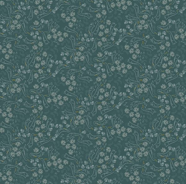 Preorder - Clothworks - Meags and Me - Rainy Day - Linework Goose Rain Drops Flowers - Y5003-105 Dark Teal - Ships October 2026