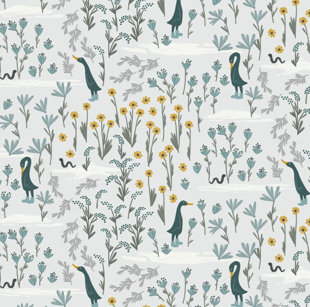 Preorder - Clothworks - Meags and Me - Rainy Day - Ducks Geese Flowers - Y5001-116 Mist Gray - Ships October 2026