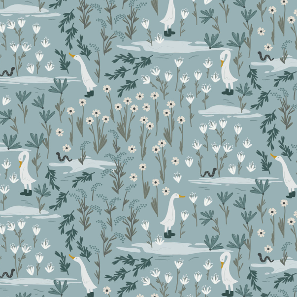 Preorder - Clothworks - Meags and Me - Rainy Day - Ducks Geese Flowers - Y5001-141 Slate - Ships October 2026