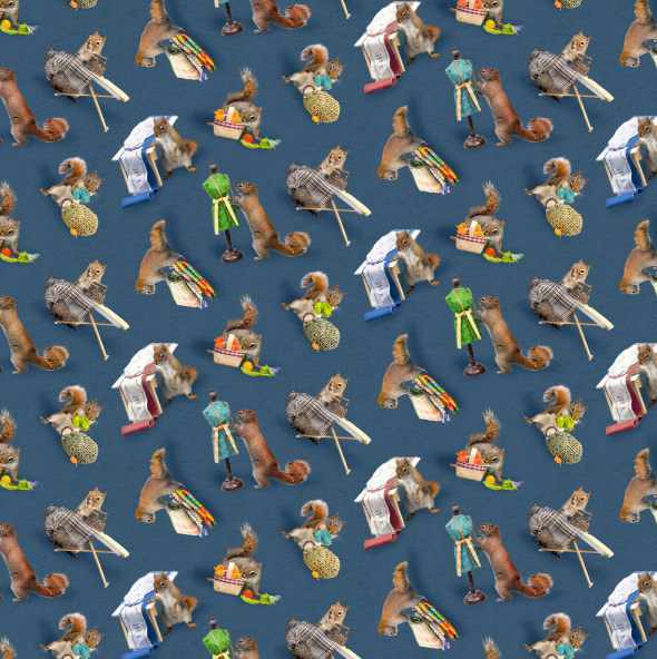 Clothworks - Nancy Rose - The Secret Life of Squirrels IV - Crafting Squirrels - Y4898-89 Dark Denim