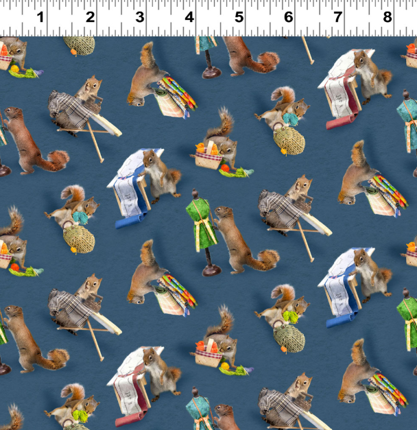 Clothworks - Nancy Rose - The Secret Life of Squirrels IV - Crafting Squirrels - Y4898-89 Dark Denim