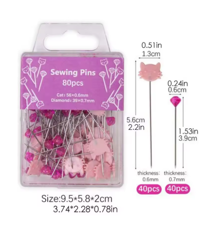 Pink Cat and Diamond Sewing Pins 80pcs