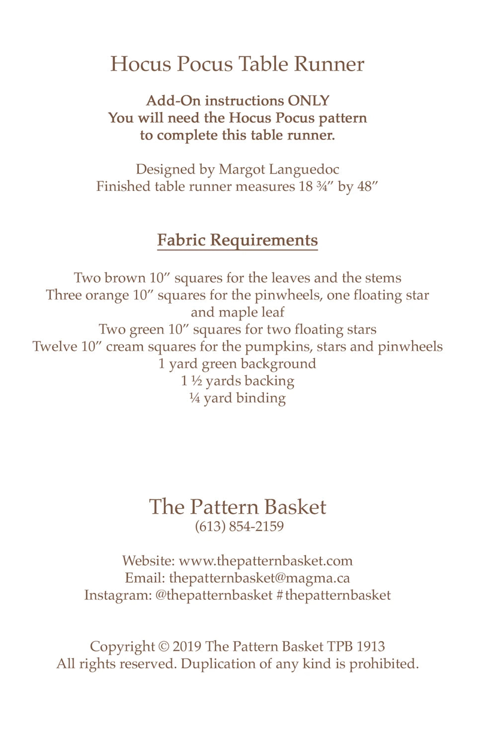 Hocus Pocus Table Runner Add-On Pattern By The Pattern Basket