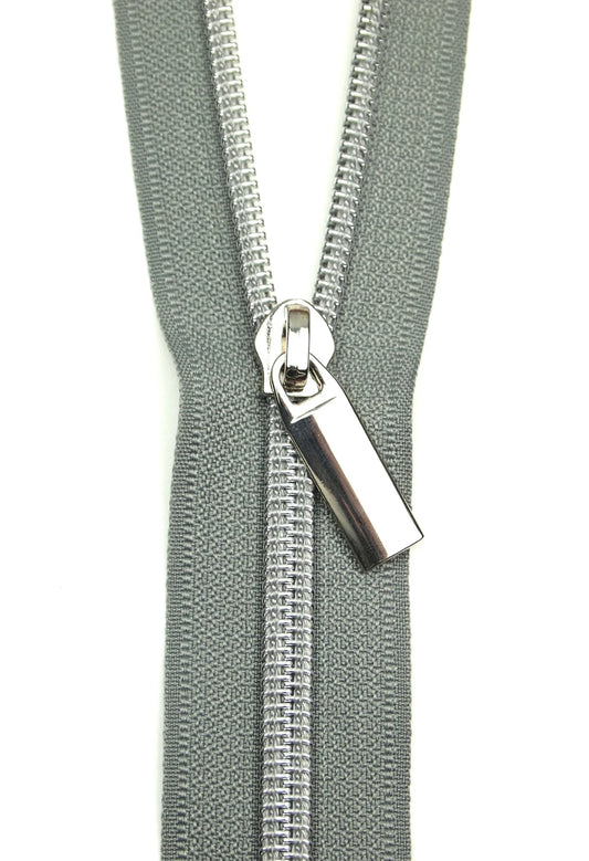 Sallie Tomato - Grey # 5 Nylon Nickel Coil Zipper - 3 Yards with 9 Pulls