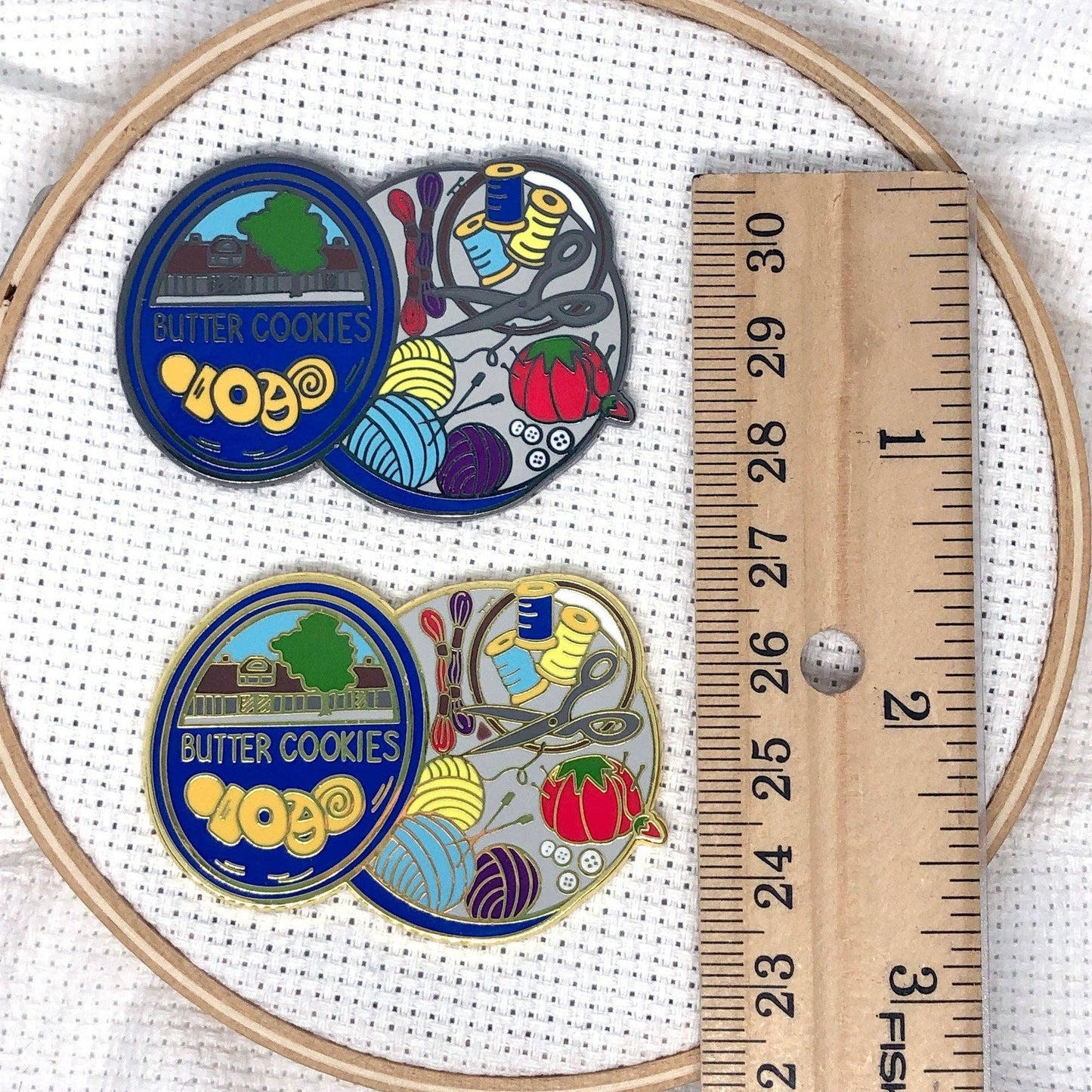 Cookie Tin Full of Sewing Notions Hard Enamel Magnetic Needle Minder - Choose Metal Color!