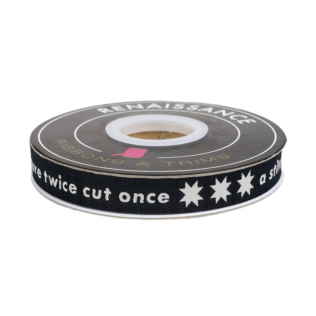 Renaissance Ribbons - Catnap By Alexia Abegg - Measure Twice on Black - 5/8" Ribbon - By The Yard