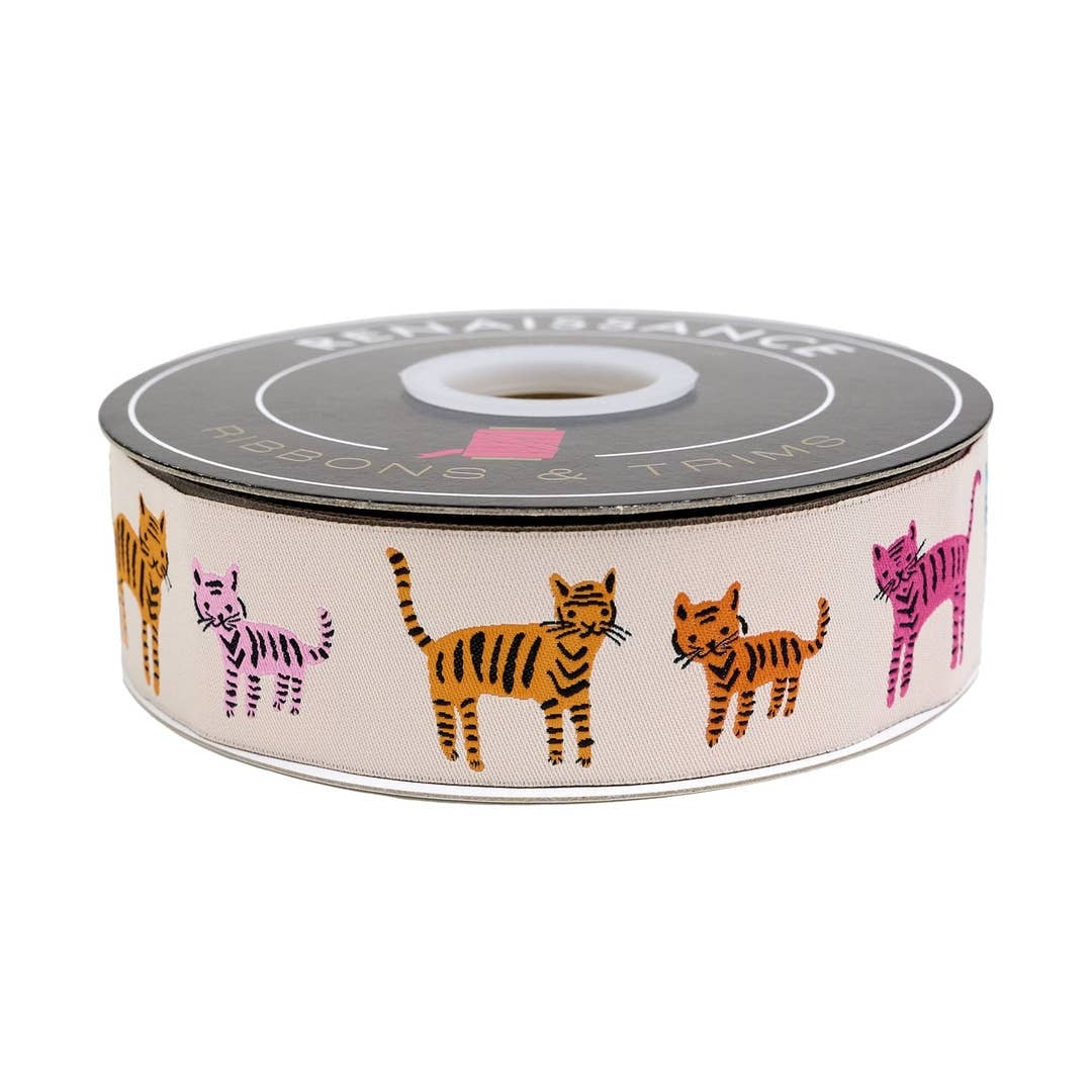 Renaissance Ribbons - Catnap By Alexia Abegg - Tiger Stripes on Natural - 1-1/2" Ribbon - By The Yard