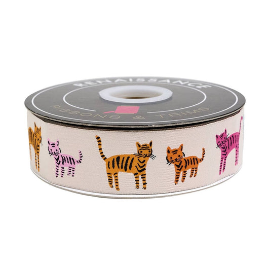 Renaissance Ribbons - Catnap By Alexia Abegg - Tiger Stripes on Natural - 1-1/2" Ribbon - By The Yard