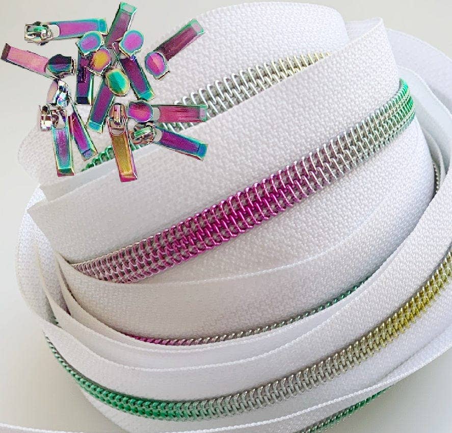 Sew Hungry Hippie - White Rainbow Coil Zipper with Iridescent Pulls - 3 Yards