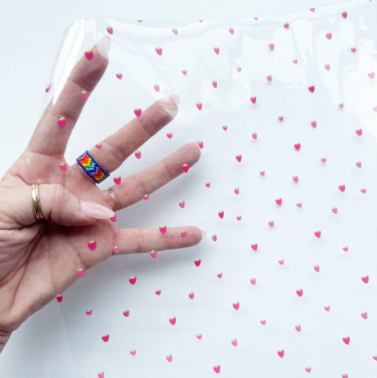 Sew Hungry Hippie - Tiny Strawberries Print TPU Vinyl – Clear Printed Vinyl Roll - 18" x 52" Precut