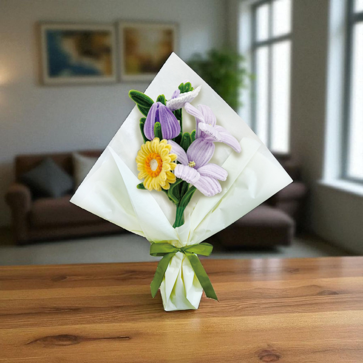 Hands Craft DIY Chenille Flower Bouquet Kit – Yellow & Purple Mix