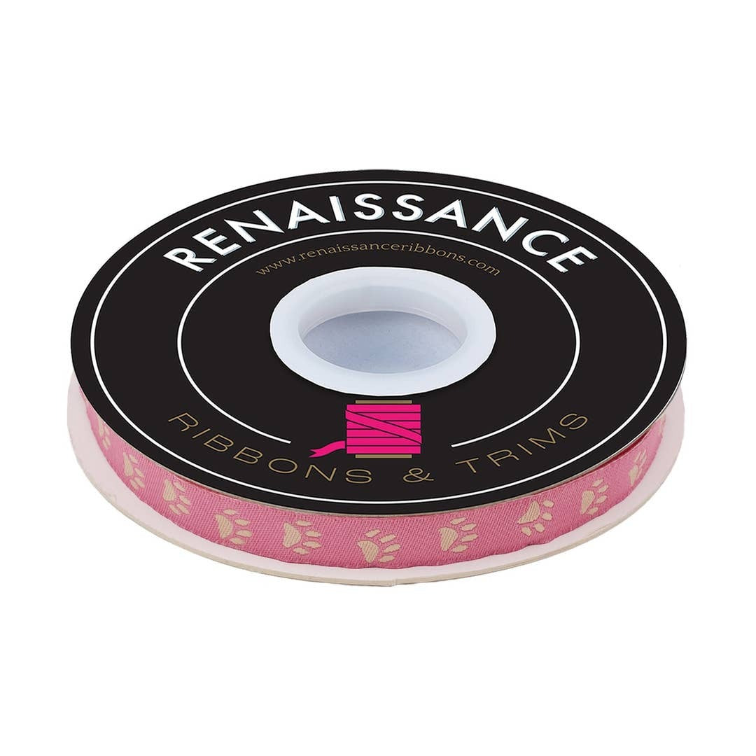 Renaissance Ribbons - Dog Park By Sarah Watts - Paws on Pink - 3/8" Ribbon - By The Yard