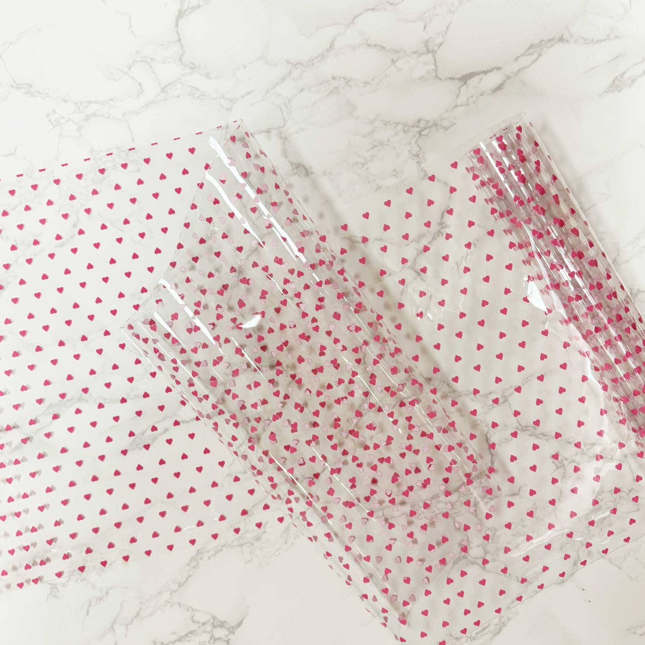 Sew Hungry Hippie Tiny Hearts Clear TPU Vinyl – Hot Pink Heart Print 18” x 52”