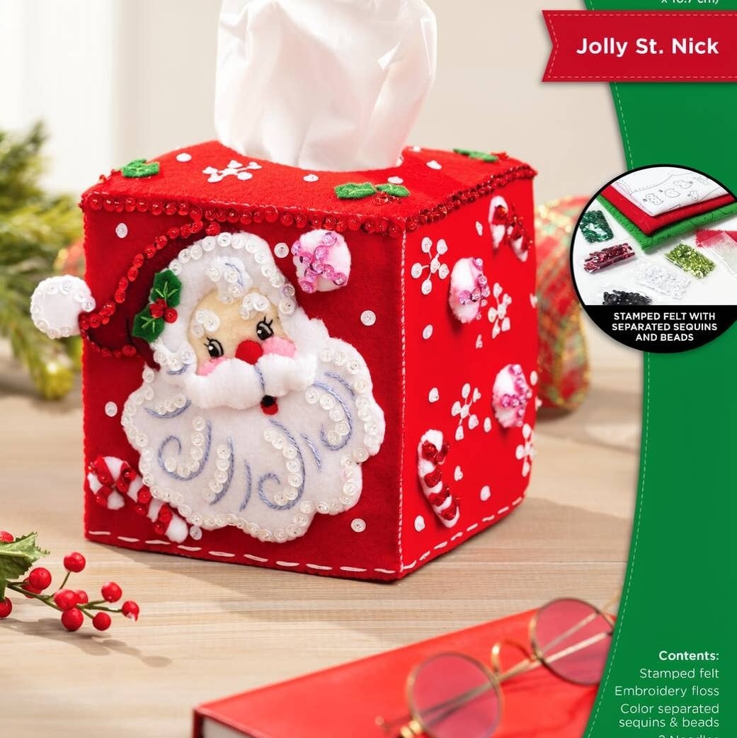 Bucilla Santa St Nick Felt Tissue Box Cover Kit