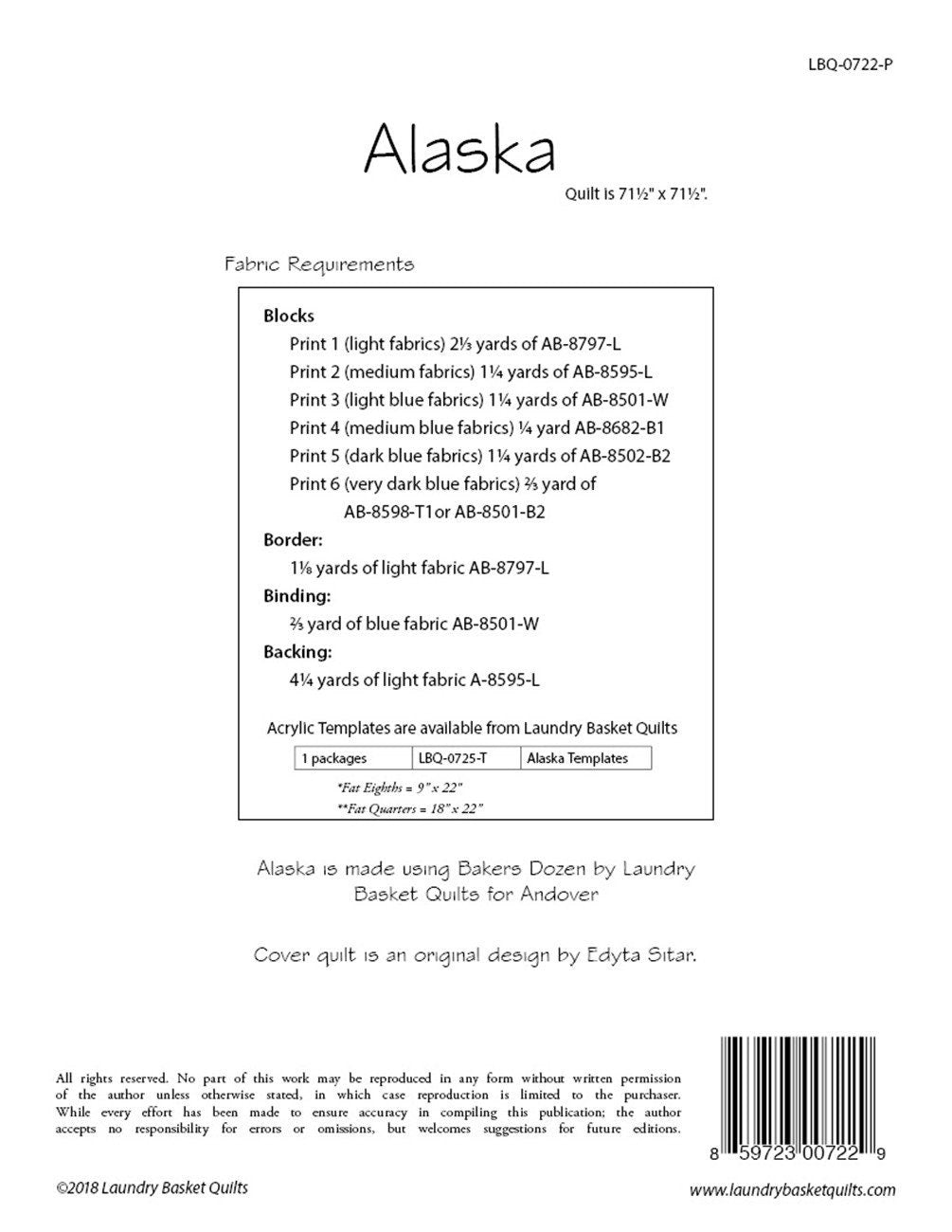 Alaska Quilt Pattern -From Laundry Basket Quilts By Sitar, Edyta - Only 6 Fabrics- Block of the Month