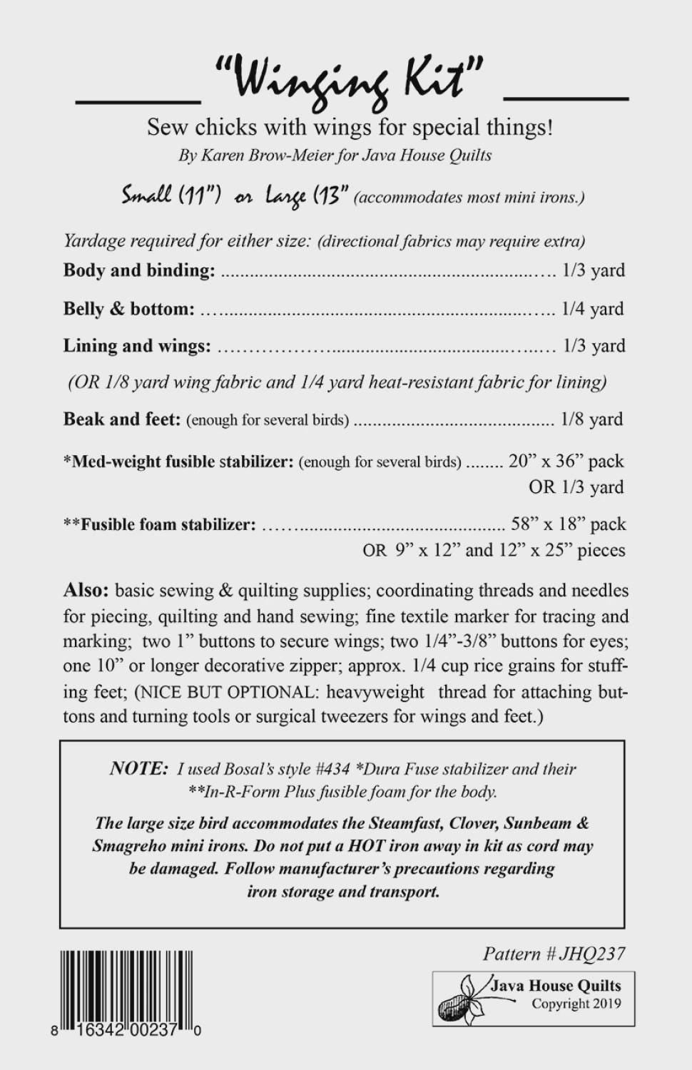 Winging Kit Pattern By Java House Quilts - Pattern ONLY , Not A Kit