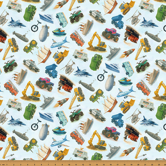 Preorder - Hoffman California Fabrics - Things That Go From A To Z - Mixed Vehicles / Aircraft / Watercraft -  X5744-708-Baby Blue - Expected Release February 2026