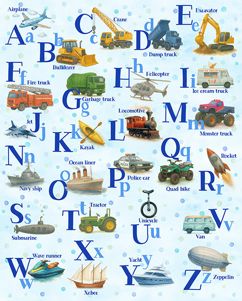Preorder - Hoffman California Fabrics - Things That Go From A To Z - Modes Of Transportation ABC Panel -  X5742-708-Baby Blue - Expected Release February 2026