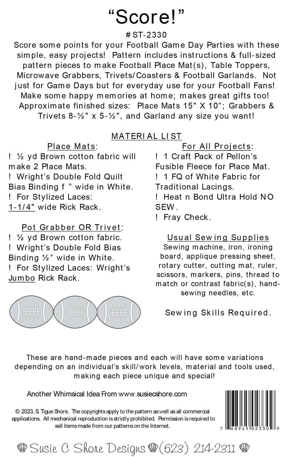 Score ! Football Placemats / Garland / Grabbers / Trivets Pattern By Susie C Shore