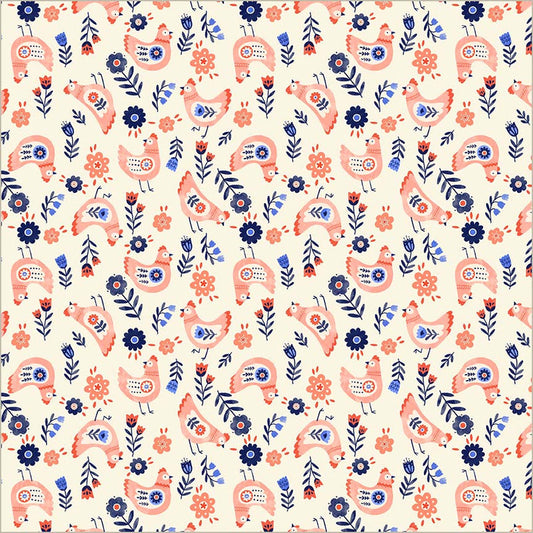 PREORDER - Windham - Natalie Briscoe - Folky Chicken - Chickens And Flowers - 55238-3 Cream - Expected Release April 2026