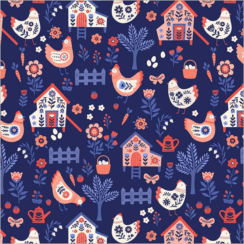 PREORDER - Windham - Natalie Briscoe - Folky Chicken - Chicken Coop Landscape - 55237-2 Indigo - Expected Release April 2026