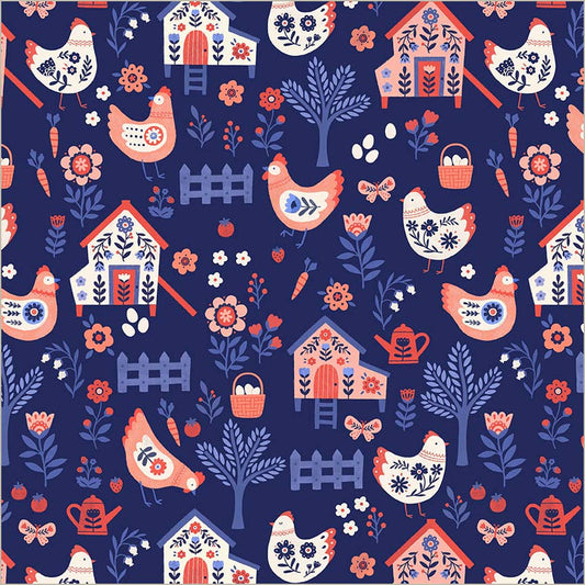 PREORDER - Windham - Natalie Briscoe - Folky Chicken - Chicken Coop Landscape - 55237-2 Indigo - Expected Release April 2026