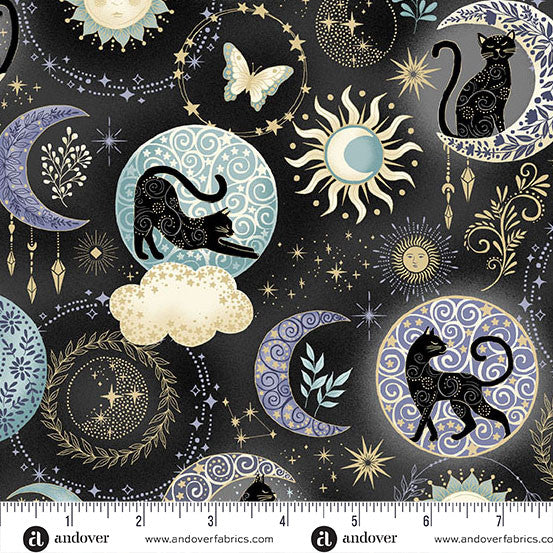 PREORDER - Andover - Makower UK - Charmed - Celestial Black Cats And Moons - MU-196-X - Expected Release April 2026