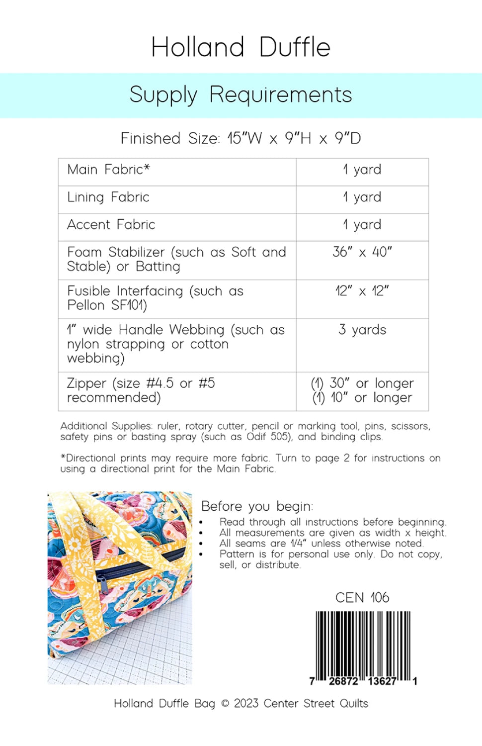 Holland Duffle Bag Pattern By Center Street Quilts
