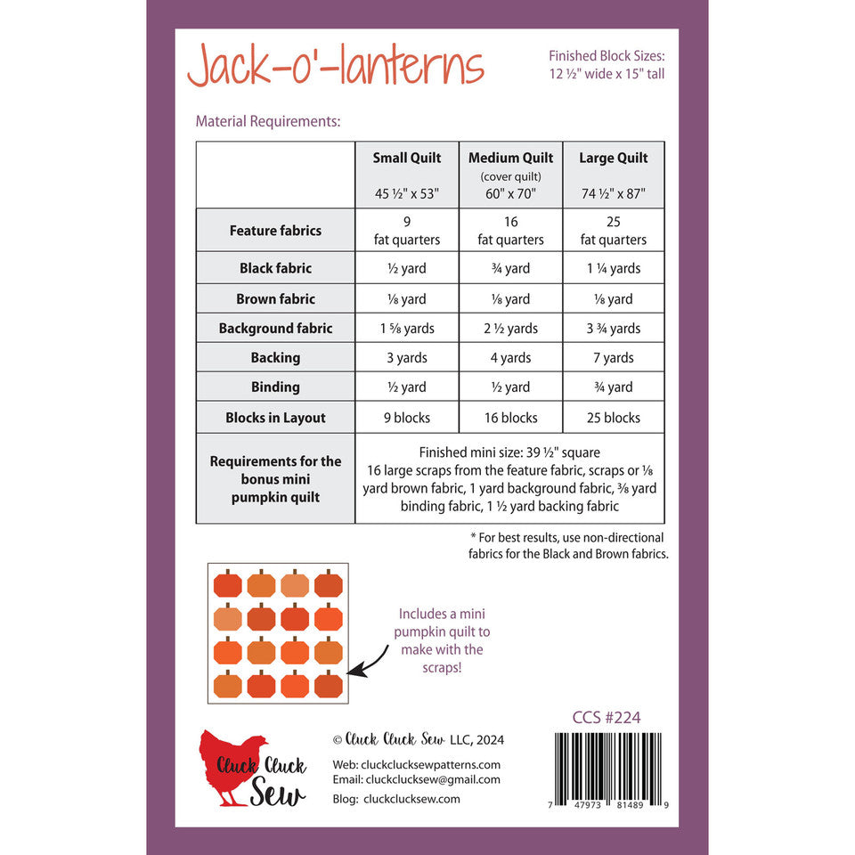Jack-O-Lantern Quilt Pattern By Cluck Cluck Sew