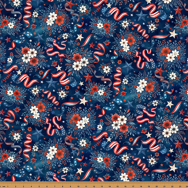Hoffman Fabrics - Red Truck Road Trip - Patriotic Florals / Stars / Ribbons - X5760-19-Navy