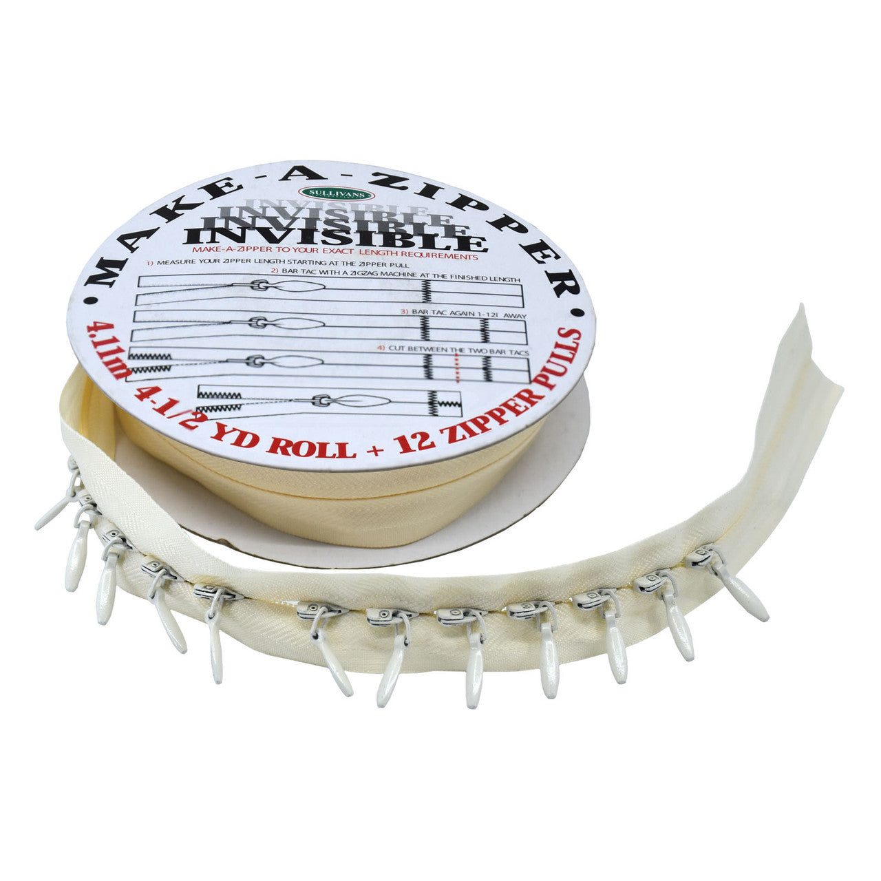 Sullivan's Make-A-Zipper Invisible - 4.5 Yard Roll and 12 Zipper Pulls - Choose Color!