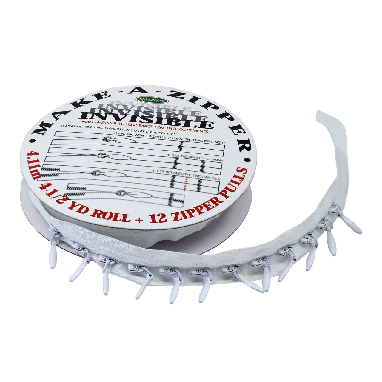 Sullivan's Make-A-Zipper Invisible - 4.5 Yard Roll and 12 Zipper Pulls - Choose Color!