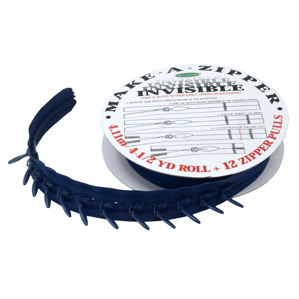 Sullivan's Make-A-Zipper Invisible - 4.5 Yard Roll and 12 Zipper Pulls - Choose Color!