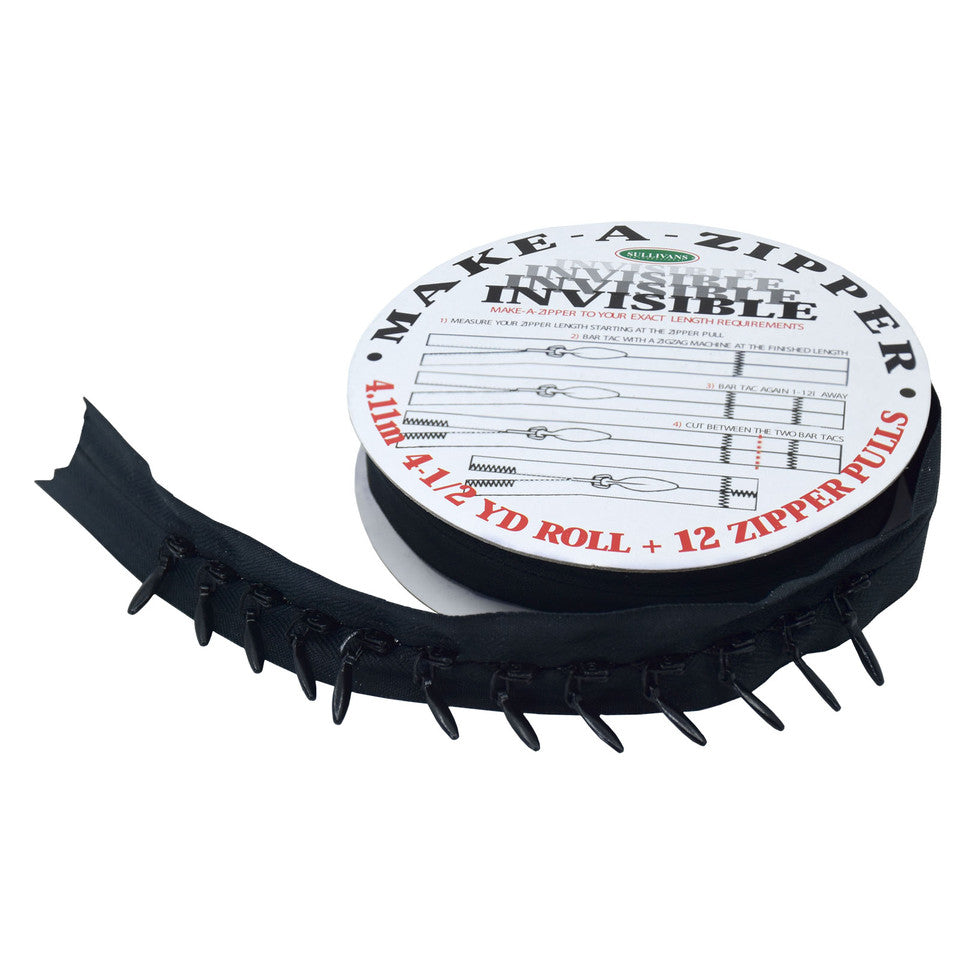 Sullivan's Make-A-Zipper Invisible - 4.5 Yard Roll and 12 Zipper Pulls - Choose Color!