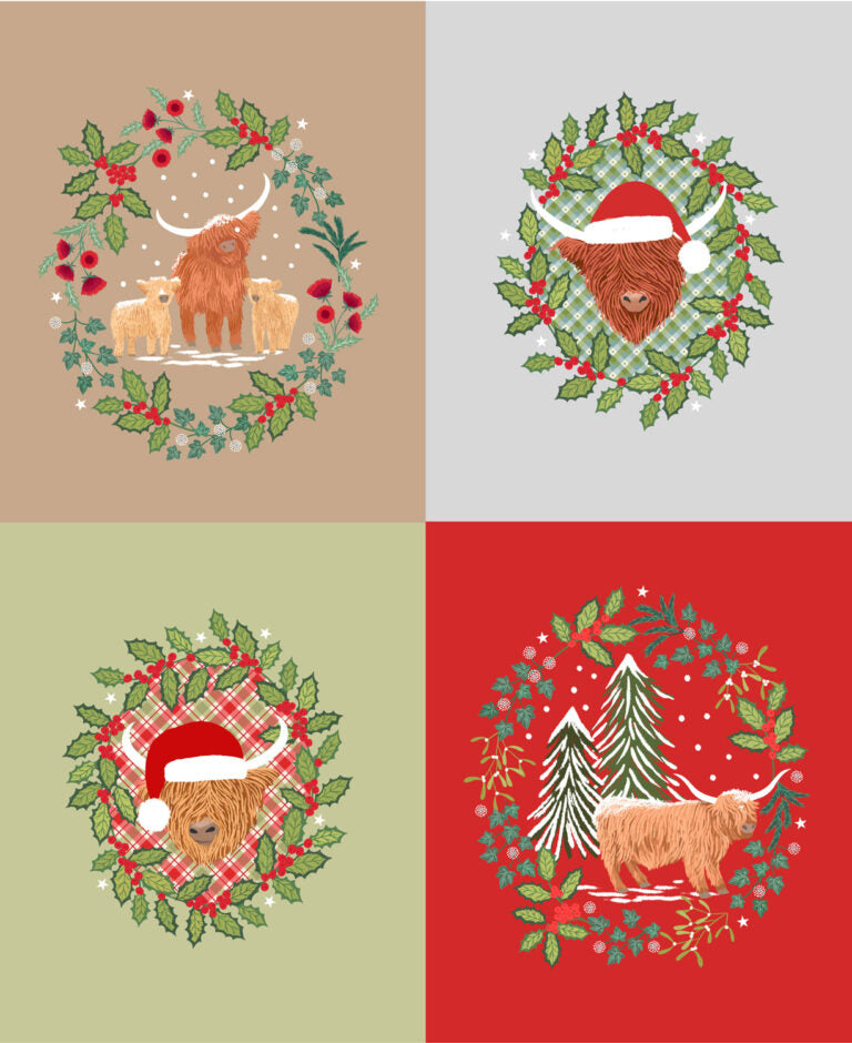 Preorder - Lewis and Irene - Celtic Christmas - Festive Highland Coo Cows Panel - C136 - Ships June 2026