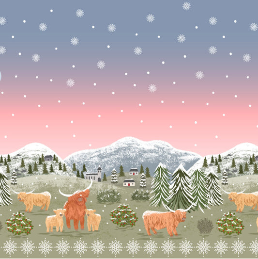 Preorder - Lewis and Irene - Celtic Christmas - Festive Highland Coo Cows Double Edge Border Panel - C137 - Ships June 2026