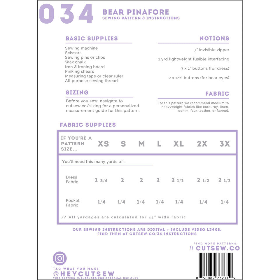 Bear Pinafore Clothing Pattern By Cut / Sew Patternmaking
