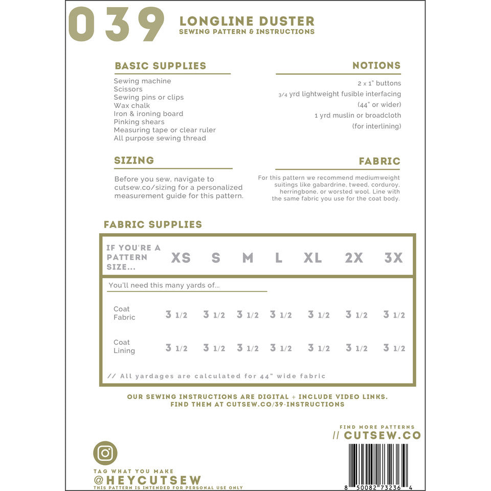Longline Duster Jacket Clothing Pattern By Cut / Sew Patternmaking