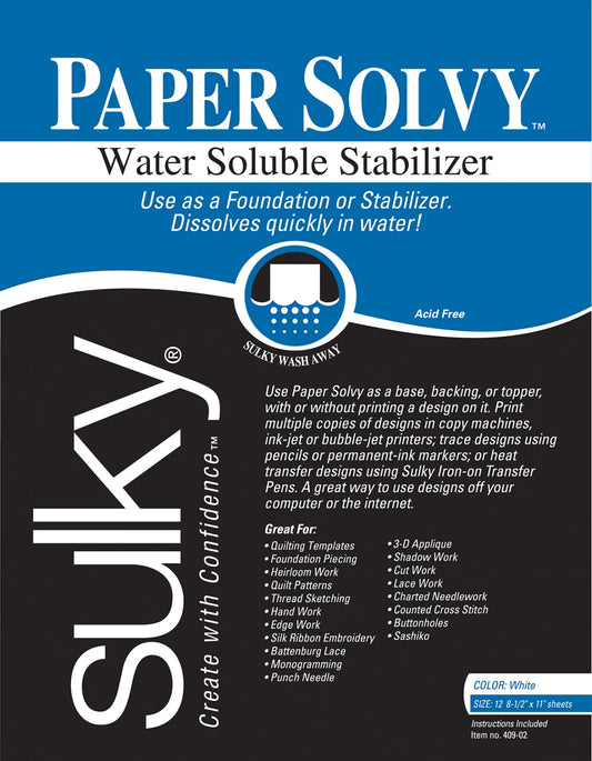 Sulky Paper Solvy Water Soluble Stabilizer 8.5" x 11" - 12 ct
