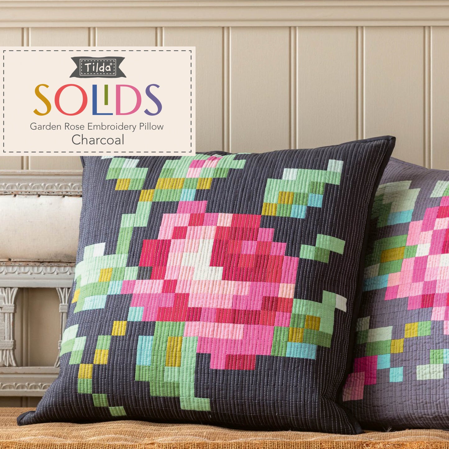 Tilda - Garden Rose Embroidery Pillow Pattern and Fabric Kit - Charcoal Version