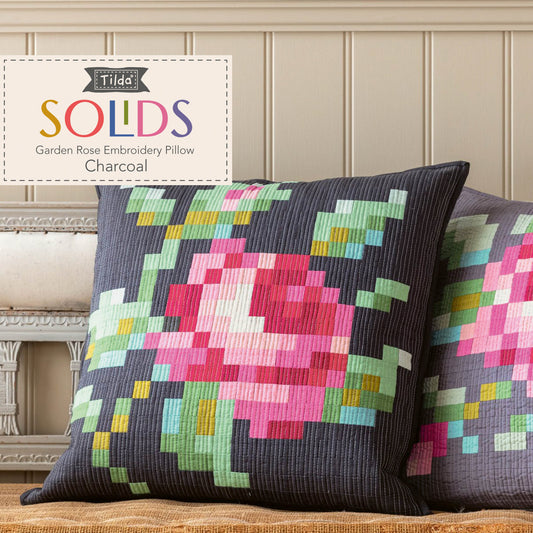 Tilda - Garden Rose Embroidery Pillow Pattern and Fabric Kit - Charcoal Version