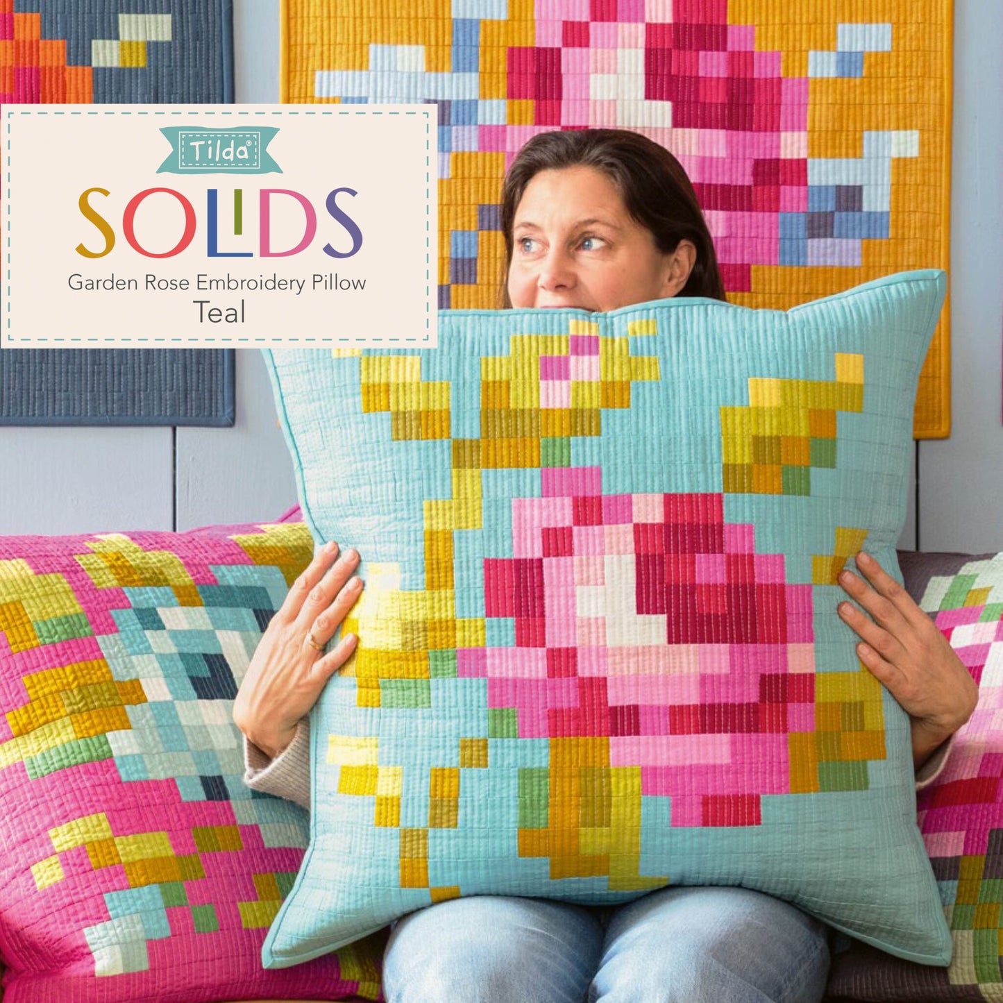 Tilda - Garden Rose Embroidery Pillow Pattern and Fabric Kit - Teal Version