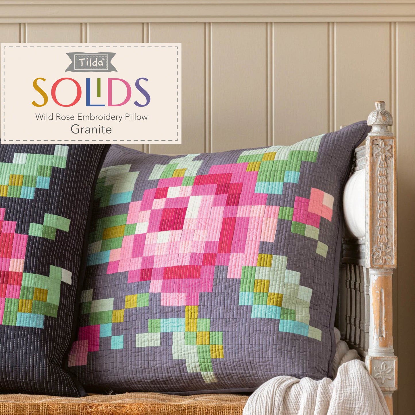 Tilda - Wild Rose Embroidery Pillow Pattern and Fabric Kit - Dark Granite Version